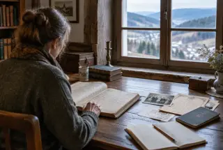 Personne consultant des registres et des documents familiaux pour une recherche généalogique dans un intérieur vosgien.