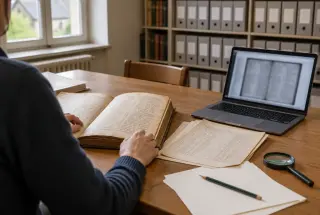 Chercheur consultant un registre ancien et des archives numérisées sur un ordinateur dans une salle d’archives.